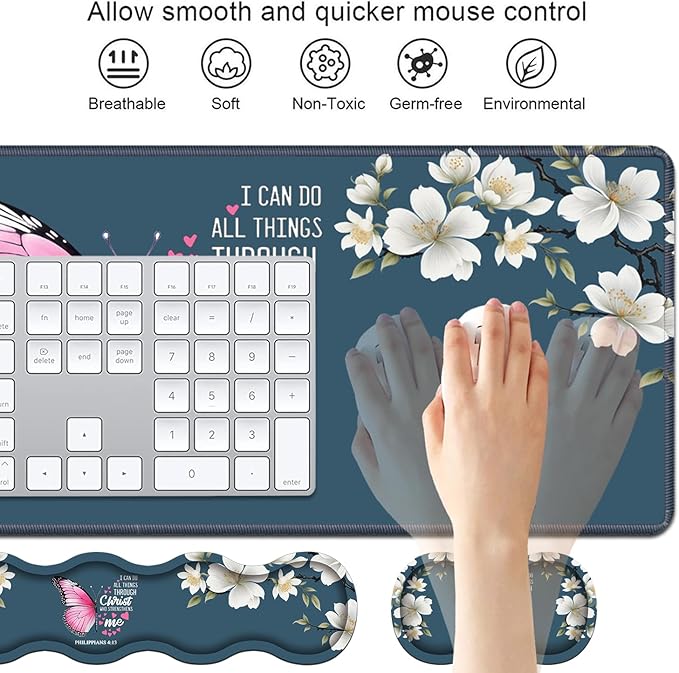 Ergonomic Keyboard Wrist Rest & Mouse Pad Wrist Rest Set, Large XXL Gaming Desk Mat 31.5"x 11.8" with Non-Slip Base for Home Office Study Gaming, Floral Butterfly Quote Bible Verse Philippians 4:13