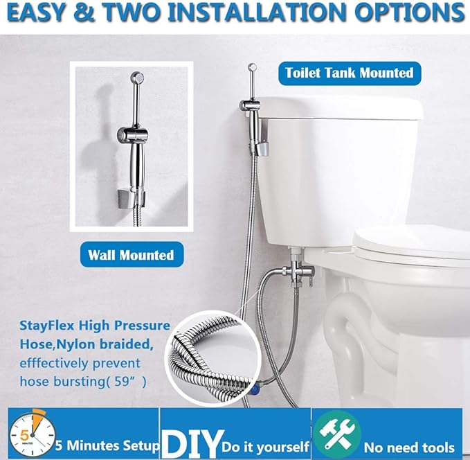 Handheld Bidet Sprayer for Toilet, Hand Held Bidet Attachment, Cloth Diaper Toilet Sprayer Brass 7.9" Bidet Wand, Adjustable Water Jet Spray for Toilet with Backflow Preventer, Chrome