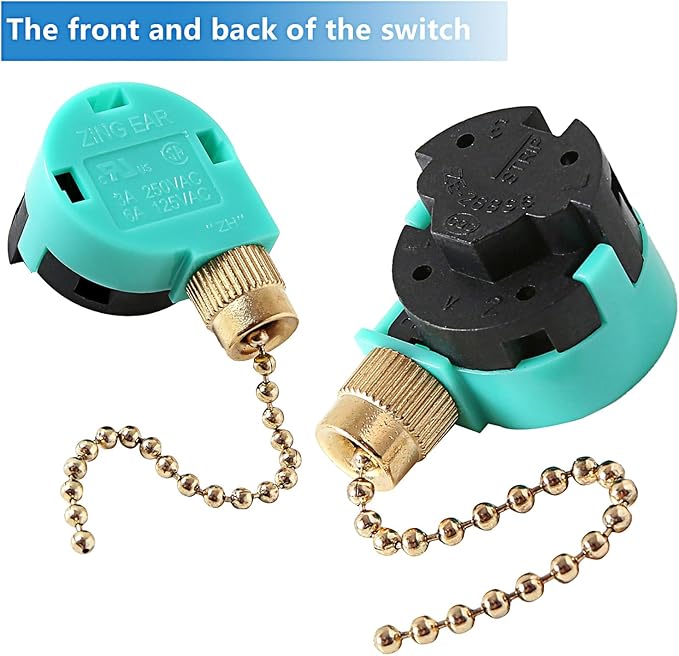 Zing Ear ZE-268S6 3 Speed Ceiling Fan Switch, Pull Chain Cord Switch, Compatible with Hunter Ceiling Fans, Appliances, Replacement Speed Control (Brass Pull Chain)