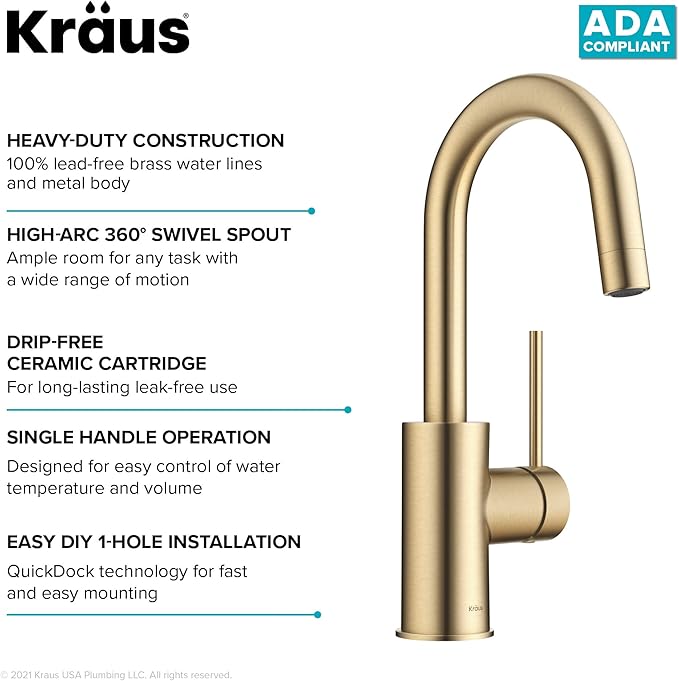 KRAUS Oletto Single Handle Kitchen Bar Faucet with QuickDock Top Mount Installation Assembly in Spot Free Antique Champagne Bronze, KPF-2600SFACB
