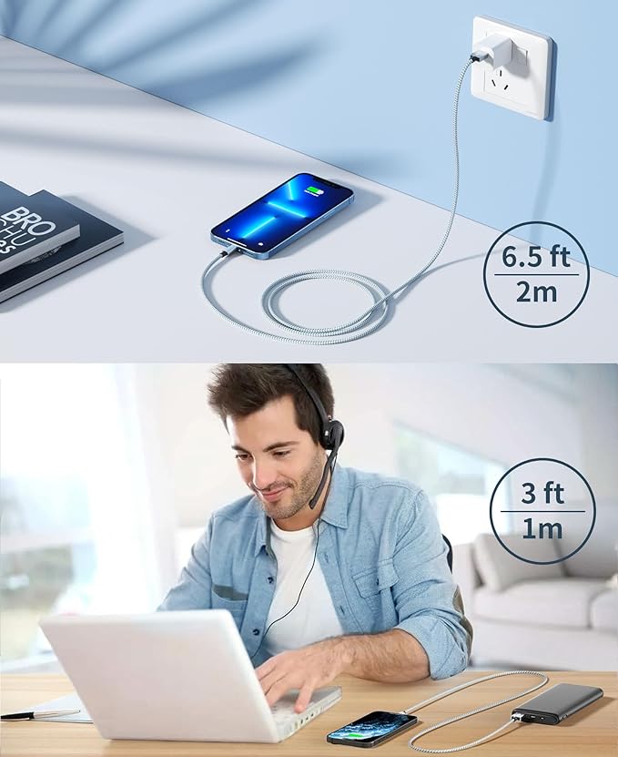 MFi Certified iPhone Charger, 4Packs(3/6/6/10FT) USB iPhone Charging Cable Nylon Braided Fast Charging Cord Compatible for iPhones/Pad(Gray +White)