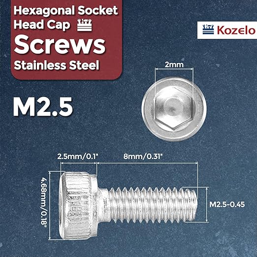 Kozelo 100pcs Socket Head Cap Screws - [M2.5-0.45 x 8mm] 304 Stainless Steel Allen Socket Drive for Electrical Motor 3D Printing Fan Engine Replacement Use, Silver