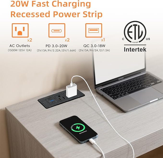 2 Pack Recessed Power Strips USB, 20W Fast Charging Furniture Outlets - 2 AC & 3 USB (2 USB-C + 1 USB-A) for Desk, Bedside, Drawer - Space-Saving, 6FT Cord, Black