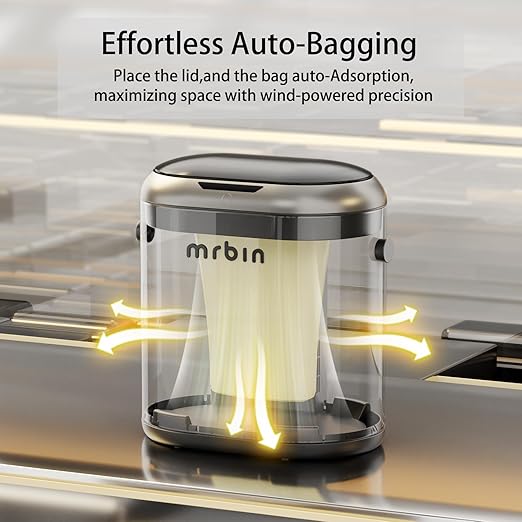 MRBIN Automatic Adsorption Metal Trash Can for Bathroom, Touchless Garbage Bin with Lid, 3.2 Gallon Slim Trash Can for Office and Bedroom, Electric Motion Sensor Waste Basket, Eclipse Grey