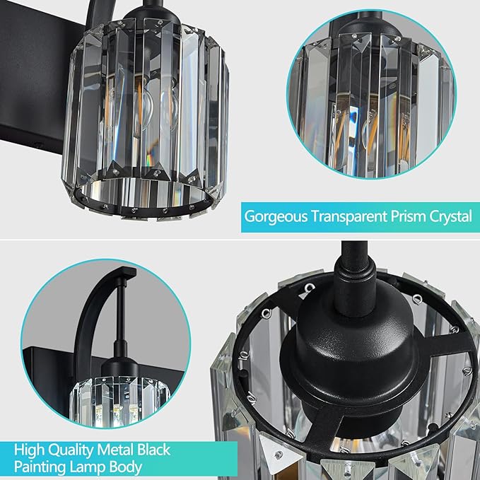 FDPBY 5-Light Crystal Vanity Light, Modern Black Bathroom Wall Sconce with K9 Crystal Shades, 42.51" Long Over Mirror Lighting for Vanity, Makeup, Hallway, Elegant & Easy Installation