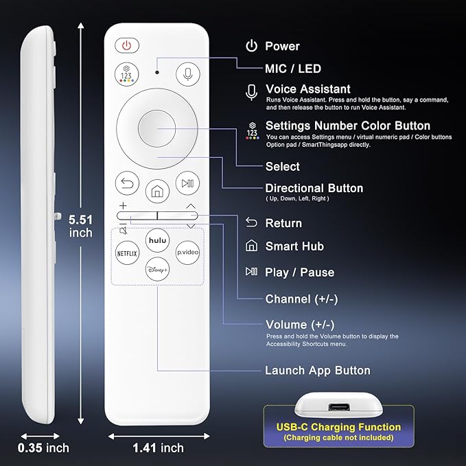 Voice Rechargeable Remote for Samsung-Smart-TV-Remote-Control, Replacement Compatible for Samsung Frame QLED Crystal UHD Solar Smart TVs
