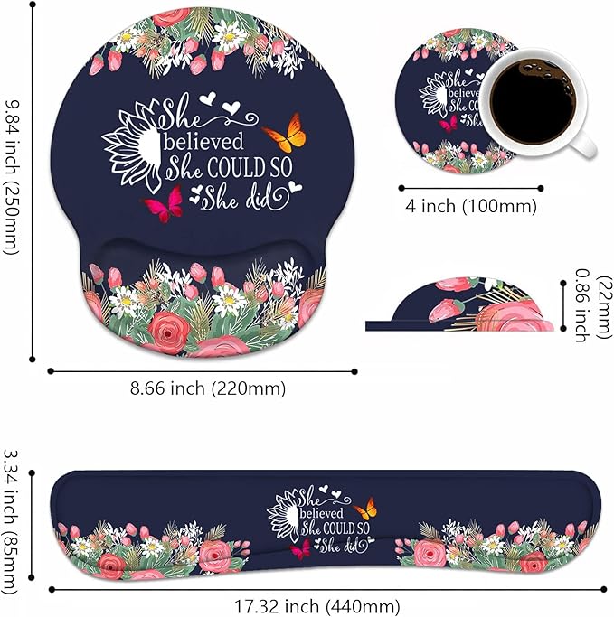 Keyboard Wrist Rest + Mouse Pad Wrist Support Set with Coasters, She Believed She Could So She Did Inspirational Quote Design Non-Slip PU Base Ergonomic Mousepad for Home Office Working Studying