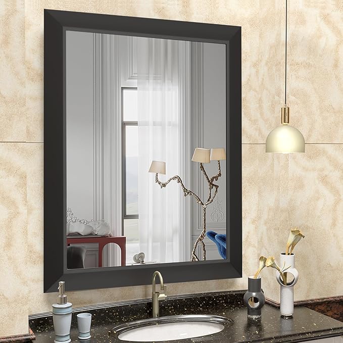 SMIROR Matte Black Bathroom Mirror for Over Sink 24x 32 inch, Metal Thick Frame Rectangle Vanity Mirror for Wall, Anti-Rust, Horizontally or Vertically Mounted