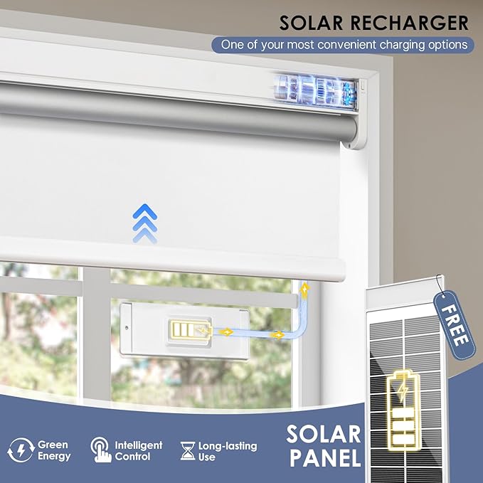 Motorized Blackout Smart Roller Blinds with Remote Control & Solar Panel - Automatic Electric Shades for Windows, Compatible with Alexa - White,33" W*72" H