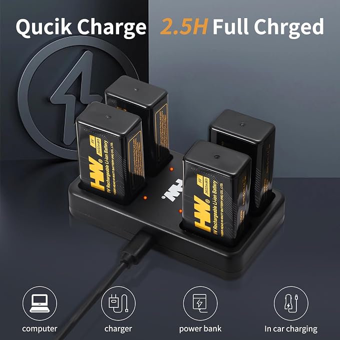 HW 9V Batteries， 3600mWh Rechargeable 9 Volt Battery - Image 3