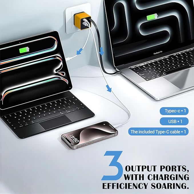 80W GaN Fast Charger with Retractable USB-C Cable 3-in-1 Wall Charger Block with Built-in Type-C Cord & 2 USB Ports, PD 3.0 & QC 4.0 Fast Charging for iPhone 15/16/17, Samsung Galaxy, Pixel, iPad G