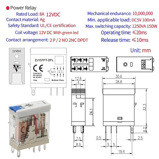 6 Pcs 12 Amp Power Relay Switch 12V DC Relay Coil, 5 Pin SPDT 1NO 1NC with Test Button, LED Module Light, Socket Base, DIN Rail