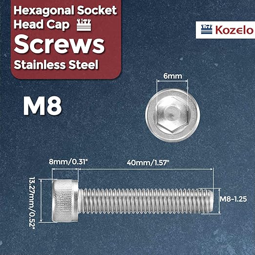 Kozelo 5pcs Socket Head Cap Screws - [M8-1.25 x 40mm] 304 Stainless Steel Allen Socket Drive for Electrical Motor 3D Printing Fan Engine Replacement Use, Silver