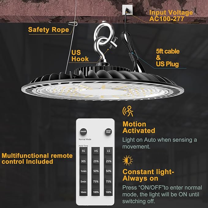 ACOHOOK Smart 200W HIgh Bay LED Lights with Smart Controller Supports Normal Mode & Motion Sensor Mode(Energy Saving) ETL Listed UFO Lights for 25-35FT Warehouse-8Pack