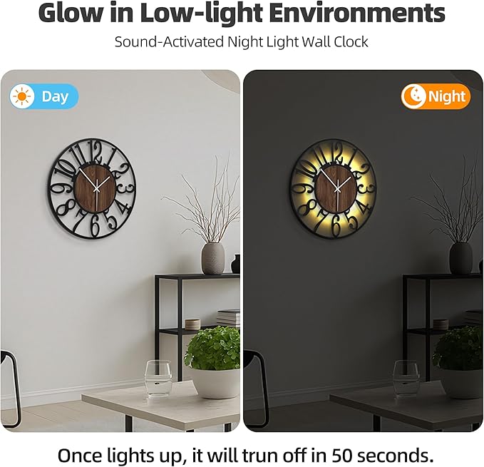 Casaformia 20'' Silent Wall Clock with Night Light, Glow in The Dark Decorative Wall Clock Battery Operated, Rustic Modern Metal & Wood Clocks for Bedroom Living Room Decor, Arabic Numerals