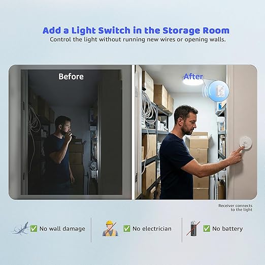 Avorecta Wireless Light Switch and Receiver Kit (2 Switches), Self-Powered Remote Light Switch for Two Locations, No Wiring, No Battery, No WiFi Needed