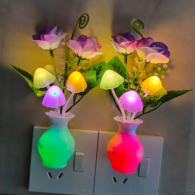 AUSAYE 4 Pack Plug in LED Night Light Sensor Rose Light, Energy Saving Lamp Dream Nightlight Rose Flower Mushroom Night Lights for Kids Adults Bedroom,Bathroom,Stairs,Kitchen,Hallway
