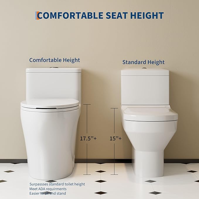 One-Piece Toilets, Low Water Tank, ADA 17.5" Seat Height, Water-Saving Design, Compact Modern Bathroom Toilet