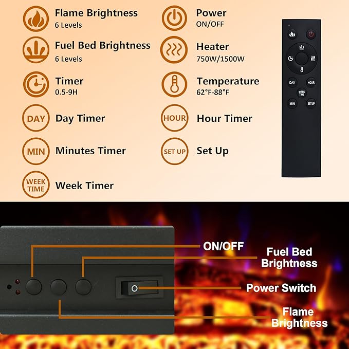 23.6 Inch Electric Fireplace Insert, Recessed Electric Fireplace Heater with Adjustable Brightness, Weekly Timer, Remote Control, Overheat Protection, 750/1500W