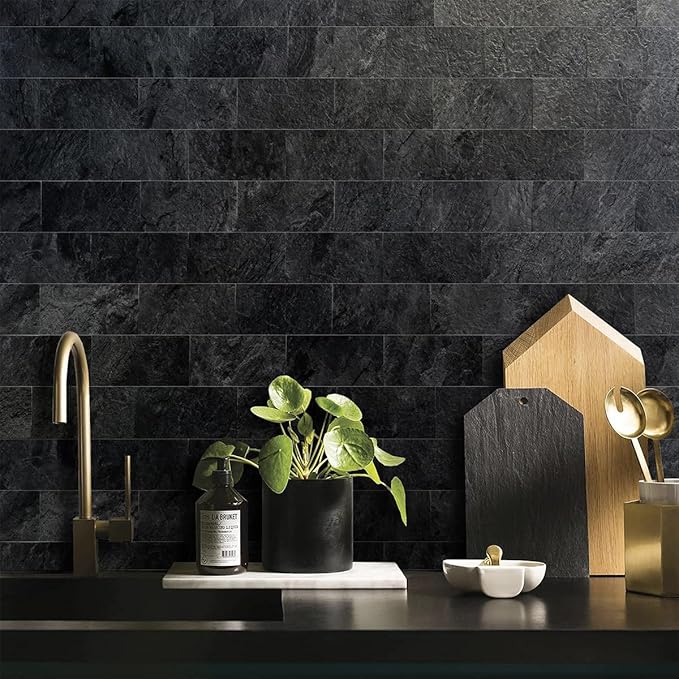 AULIGET 4 Piece Black Slate Peel and Stick Backsplash Wall Tiles, 3" x 6" PVC Faux Stone Stick on Tiles for Backsplash Kitchen, Bathroom, Laundry Room, Camper, Fireplace