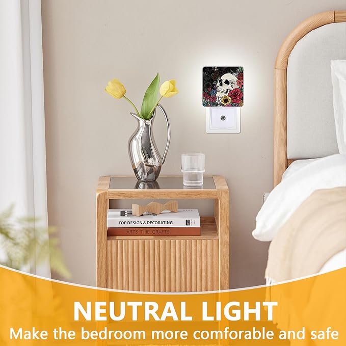 GANTINIR Halloween Skull Night Light, Plug-into Skeleton Flower Floral Nightlight White LED Lamp, Energy Efficient Decor Desk Lamp for Bedroom Hallway Stairs Bathroom
