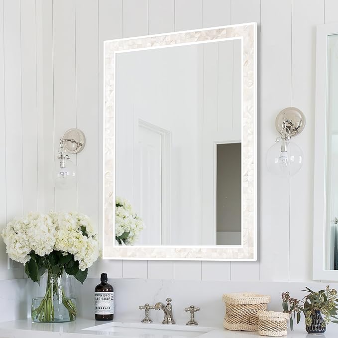 Tanmicoshomy White Shell Framed Rectangular Mirrors for Bathroom, 30x40 Inch Mirrors with Tempered Glass for Bedroom Living Room or Entryway, Wall Mounted Horizontal or Vertical Hanging