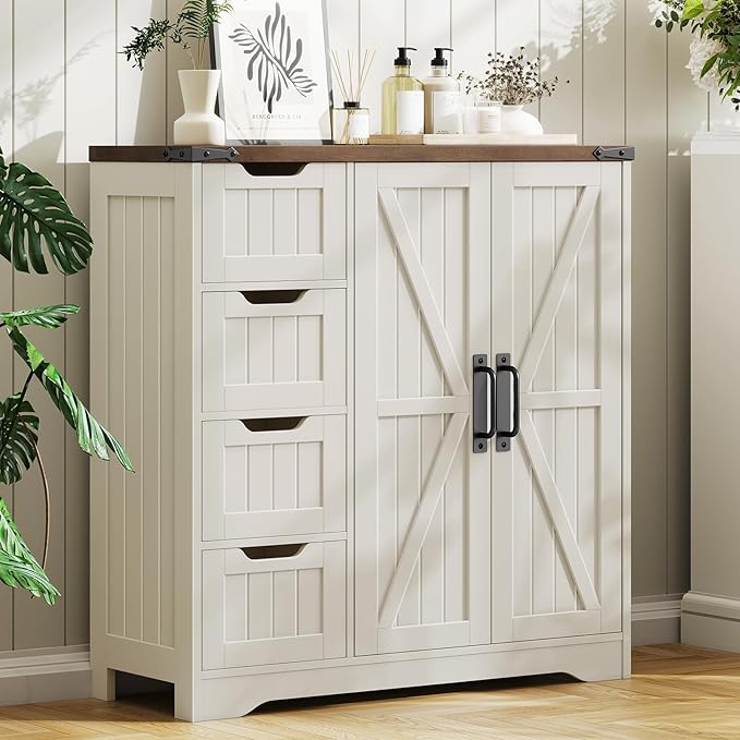 Vabches Farmhouse Bathroom Cabinet, Freestanding Storage Cabinet with 4 Drawers and 2 Doors, Rustic Storage Organizer with Adjustable Shelf for Bathroom, Living Room, Entryway, White