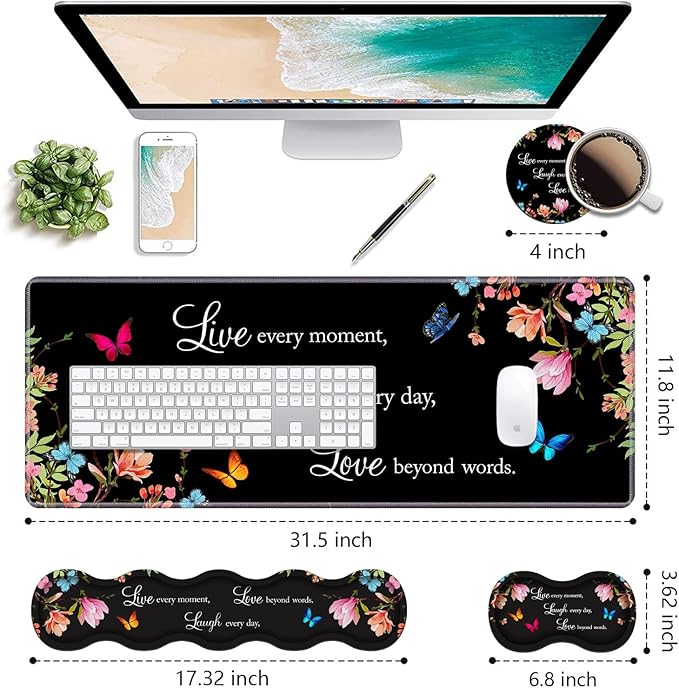 Ergonomic Keyboard Wrist Rest & Mouse Pad Wrist Rest Set,Large XXL Gaming Desk Mat 31.5"x 11.8" with Non-Slip Base, Memory Foam,Easy Typing Pain Relief for Home & Office,Floral Quote Live Laugh Love