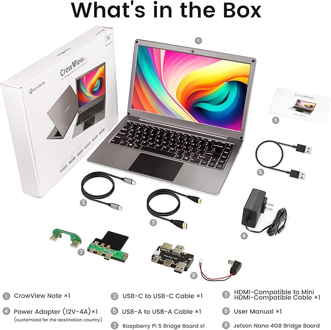 GrowCube Portable Monitor with Keyboard,14inch 1080P FHD Lapdock Compatible with Mini PC/Phone/PC/Game Console,CrowView Note with RPi5 & Jetson Adapters(Full Feature TypeC & HDMI Cable Included)