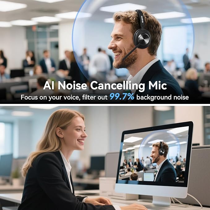 Wireless Headset with Mic for Work, Bluetooth Wireless Headphones with Microphone Noise Cancelling, Mute & USB Dongle for PC Computer Laptop Cell Phones Remote Work Home Office Call Center Zoom Skype