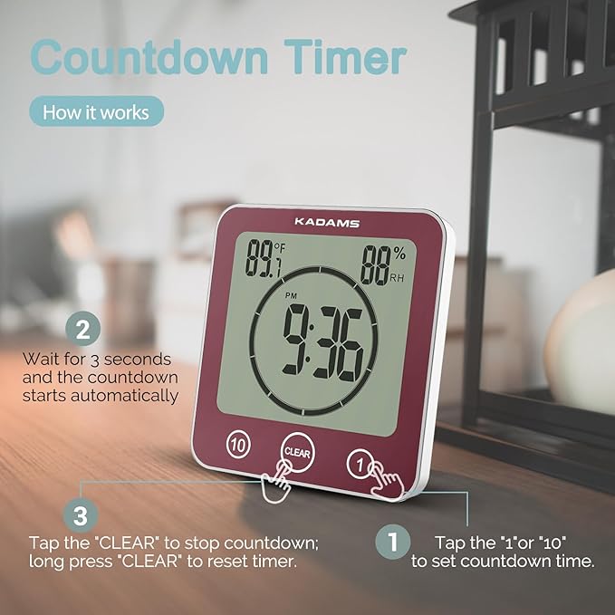 KADAMS Shower Clock Waterproof Bathroom Timer – Digital Wall Clock with Countdown, Magnetic Kitchen Clock with Temperature & Humidity, Suction Cup for Kids Shower Spa Cook Bath (Rose)