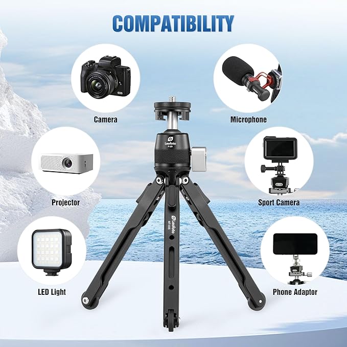 LEOFOTO 9.84" Aluminum Table Tripod with Ball Head for Camera, 360° Rotation Desktop Tripod with 1/4" Screw for Phone Adaptor/Projector/Sport Camera, Max Load 11lb