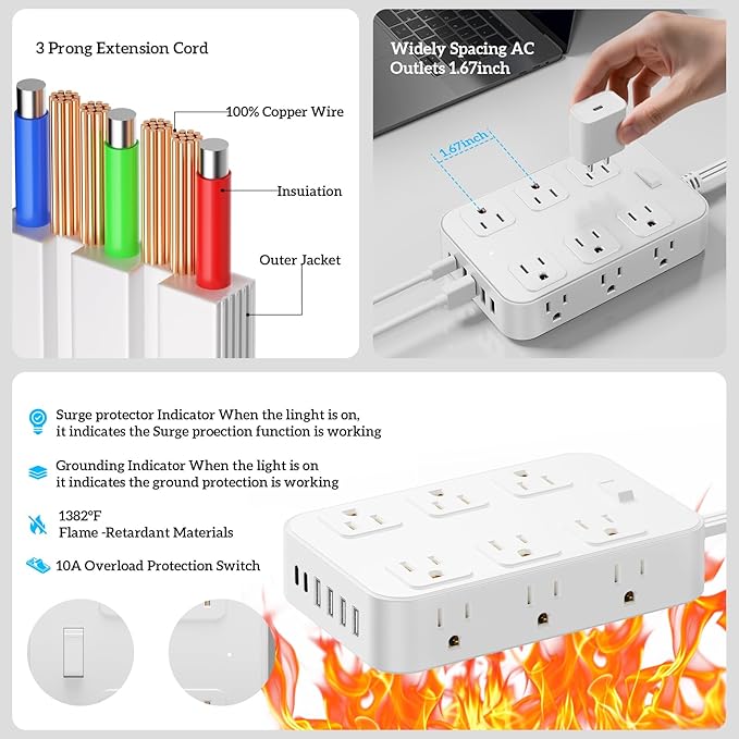 Solidock Flat Plug Power Strip Surge Protector with 12 AC Outlets 6 USB Ports 3 Side Multi Plug Outlet Extender 5 Ft Extension Cord for Home Office Kitchen Dorm Wall Desk Charging Station ETL Listed