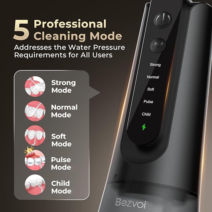 Bezvoi Portable Water Flosser for Teeth: Gum-Sensitive Friendly, Dual-Gear Motor Technology Irrigator Dental Pick with 5 Modes for Braces & Orthodontic, IPX7 Waterproof, Cordless for Travel, Black