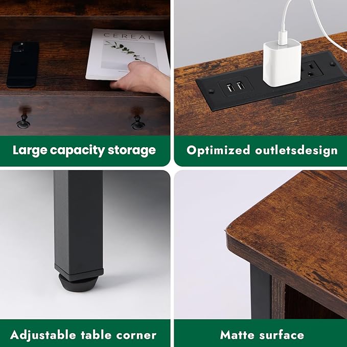 Tykacna 27 Inch Wide Night Stand, Large Wood Night Stand with 2 Drawers, LED Nightstand with Charging Station and Adjustable Drawer, Bedside Table for Living Room/Bedroom/Study/Office, Retro.