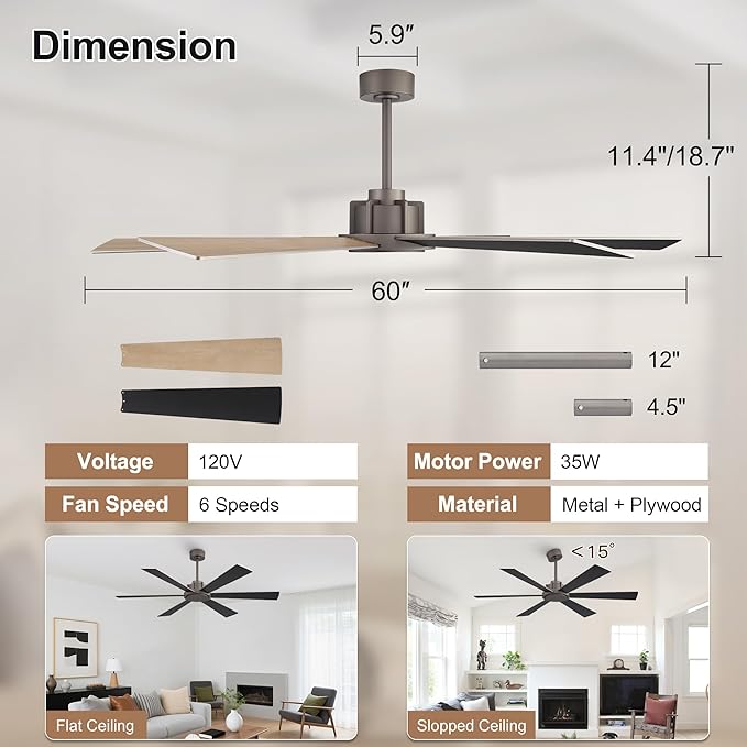 WINGBO 60 Inch Ceiling Fan without Light - 6 Plywood Blades, 6-Speed Reversible DC Motor, Noiseless Remote Control Ceiling Fan No Light for Bedroom Living Room Kitchen, Charcoal Gray and Wood/Black