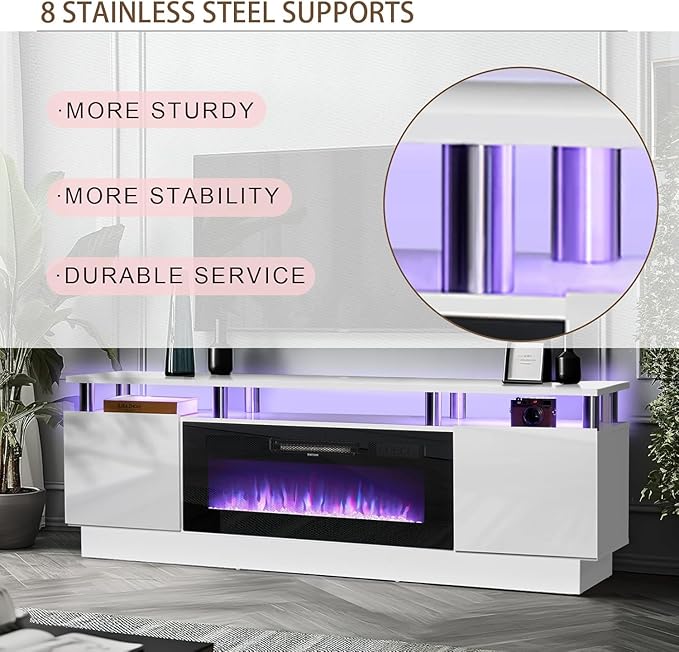 oneinmil Fireplace TV Stand with 36" Electric Fireplace,LED Light Entertainment Center,2 Tier TV Console Stand for TVs Up to 80",Fireplace for The Living Room TV Stand,White