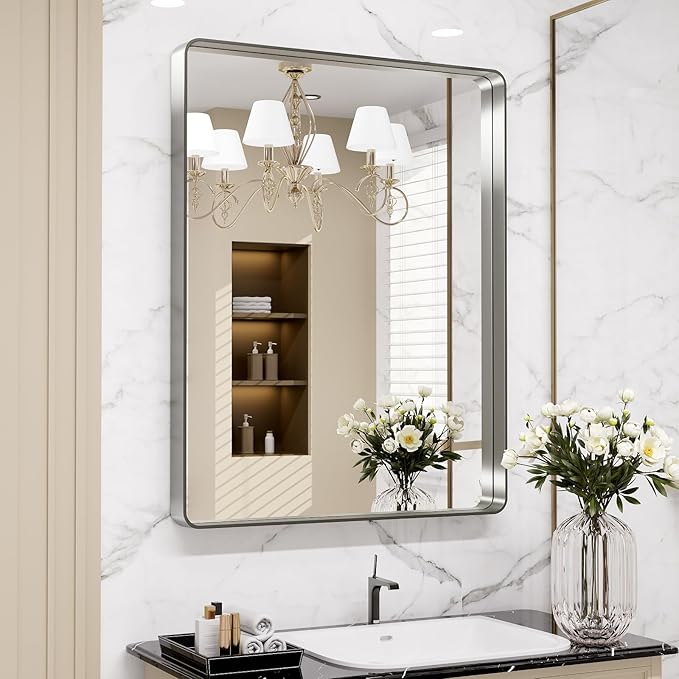 LOAAO 24X36 Inch Brushed Nickel Bathroom Mirror, Rounded Rectangle Silver Metal Frame Mirror, Brushed Nickel, Anti-Rust, Hangs Horizontally or Vertically