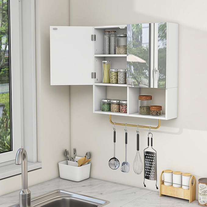 Wall Mounted Storage Cabinet with Mirror & Adjustable Shelves- Bathroom Medicine Cabinet with Towel Bar for Bathroom, Laundary, Enterway,Bedroom