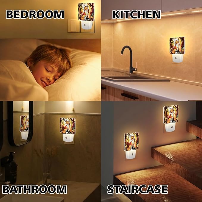 PODMemory Fox Stained Glass Night Lights Plug into Wall for Room, Fox Night Light LED for Bedroom