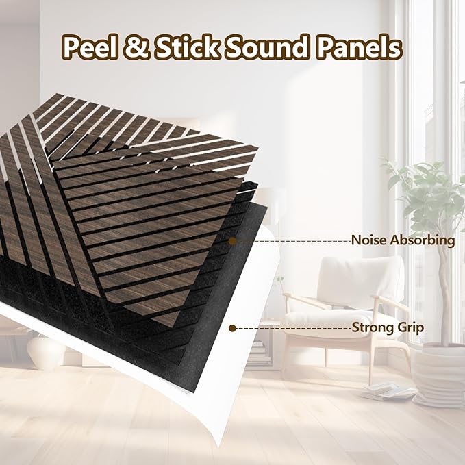 ARMURO 4 Packs Acoustic Wall Panels - Self-Adhesive 3D Wood Slat Wall Panel- Peel and Stick Sound Absorbing Panels for Noise Reducing - Feature Wall Decor for Home & Office