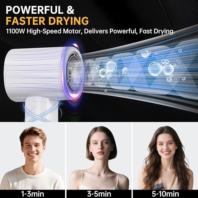 Hair Dryer with Nozzle- Negative Ionic Blow Dryer, AI Smart Thermo-Control with 110000 RPM High Speed for Fast Drying, Low Noise, Anti Frizz, 5 Temps & 2 Speeds for Home Travel, No Heat Damage, White