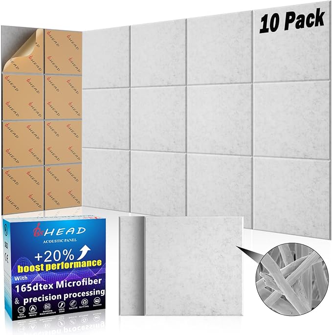 BSHEAD 10 pcs 165dtex Microfiber Acoustic Panels ，Self-Adhesive Soundproof Wall Panels, 12 x 12 x 0.4 in Sound Proof Foam Panels for Walls, High Density, Noise Dampening Panels for Home Studio（Gray）
