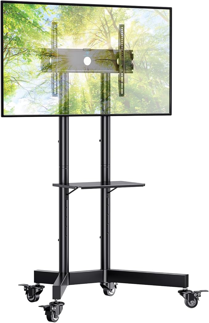 PERLESMITH Rolling TV Stand with Lockable Wheels for 32-85 Inch TVs Holds up to 132 Lbs, Height Adjustable Mobile TV Stand on Wheels with Laptop Shelf, Rolling Tv Cart Max VESA 600x400mm PSTVMC01