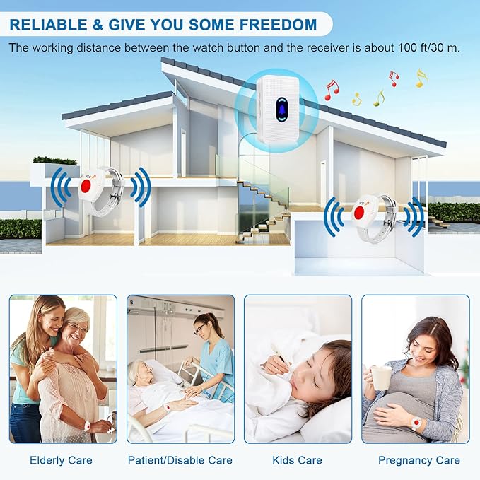 Daytech Wireless Caregiver Pager Wrist Call Button Personal Help Alert Pager System for Home Nurses Caregivers Patients Elderly 2 Alert Watches + 1 Receiver