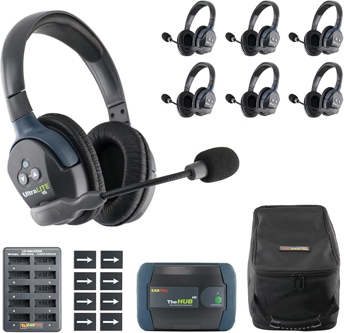 EARTEC HUB7D Ultralite-HD 7 Person Full Duplex Wireless Intercom Headset Communication System, Dual Ear Headsets, Up to 1000ft Range, U.S. Company