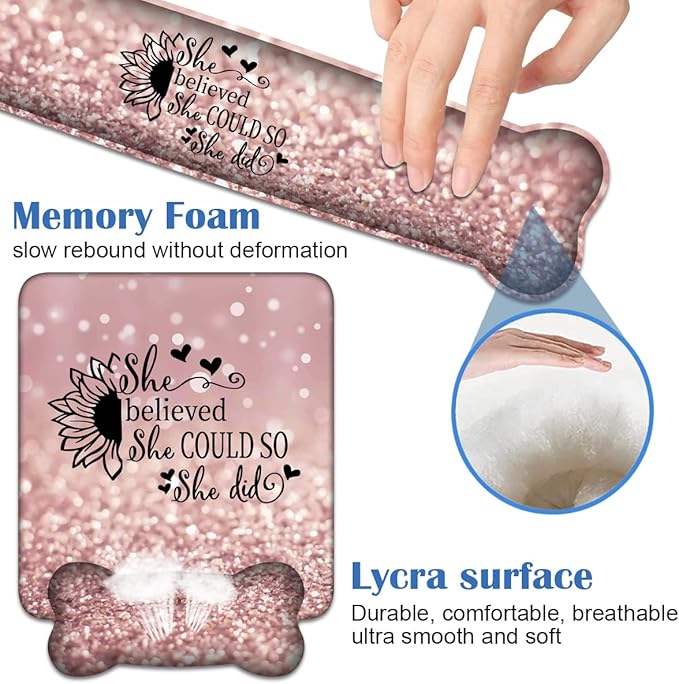 Ergonomic Mouse Pad Wrist Support and Keyboard Wrist Rest Set with Coasters, She Believed She Could So She Did Inspirational Quote with Non-Slip PU Base, Perfect for Home Office Working Studying