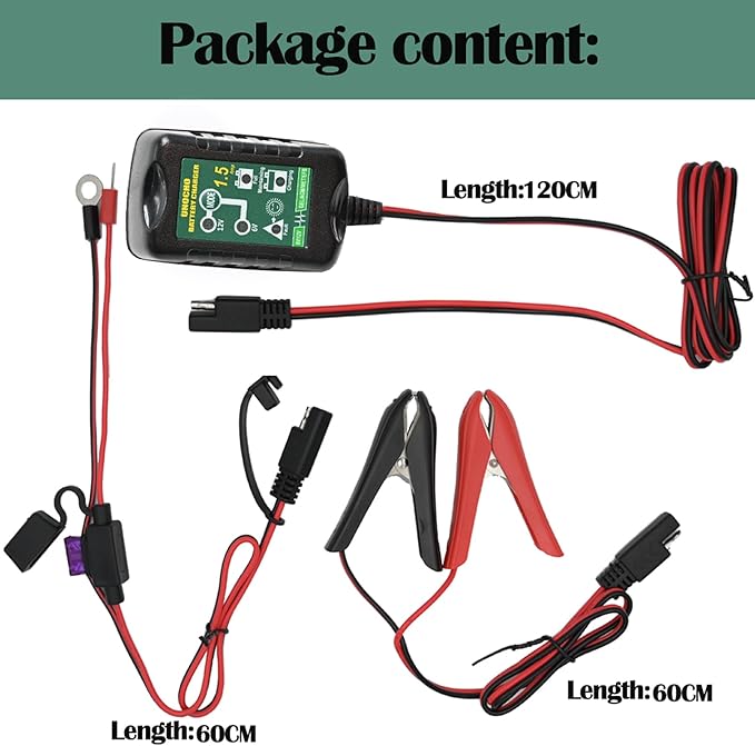 6V 12V Battery Charger 1.5A Automatic Battery maintainer trickle Battery Charger Smart Float Charger for auto car Motorcycle Lawn Mower Boat Motorcycle Snowmobile
