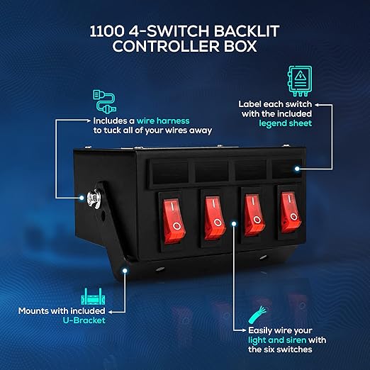 Ultra Bright Lightz 1100 4-Switch Backlit Controller Box | Emergency Vehicle Strobe Warning Lights | Siren | Speaker
