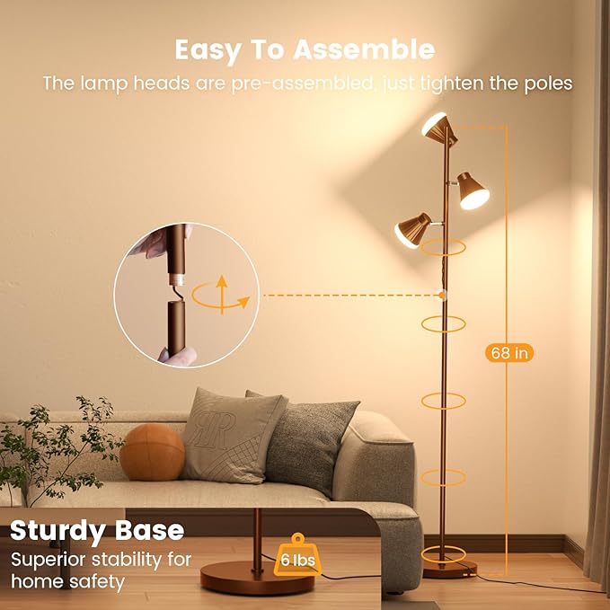 SIBRILLE 36W LED Tree Floor Lamp, Dimmable Tall Standing Lamp with Remote & Touch Control, 4 Color Temperatures Bright Floor Lamp, 3 Rotatable Light Modern Floor Lamps for Living Room Bedroom Office